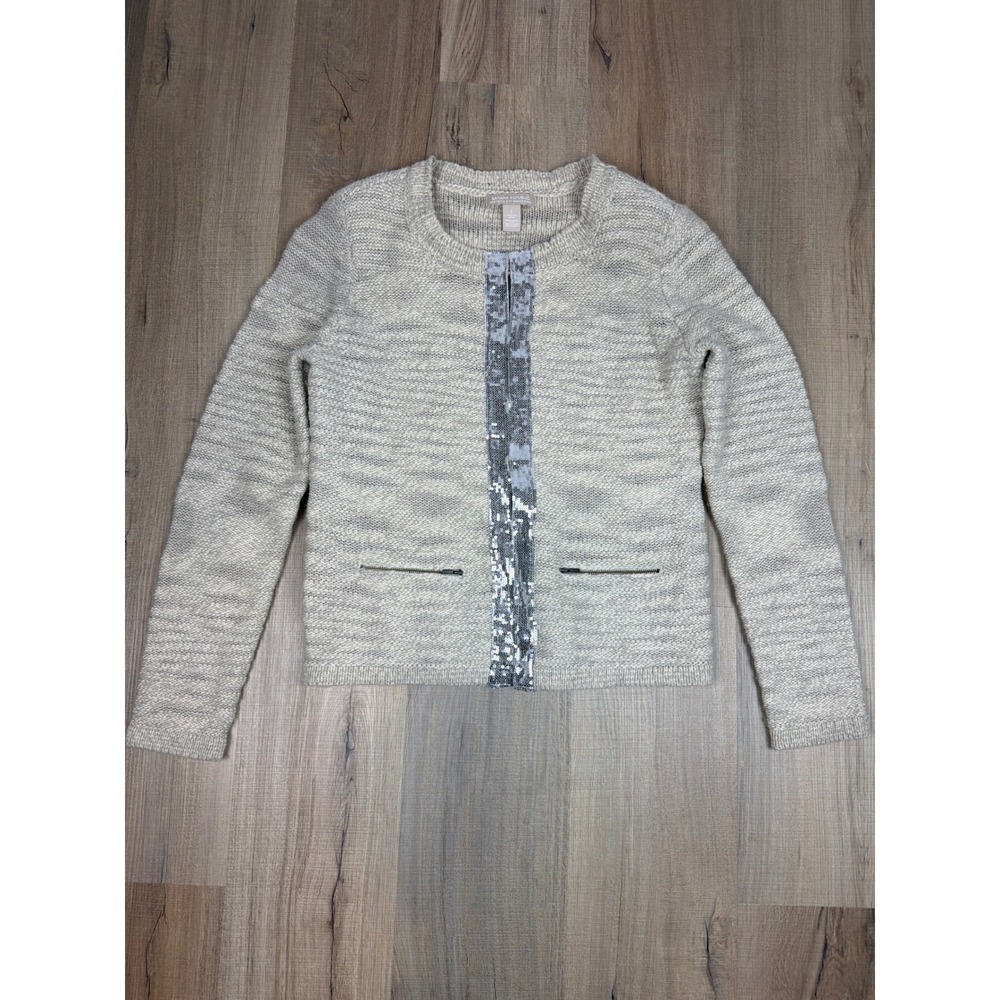 Banana Republic Extra Fine Merino Wool Sequin Cardigan Sweater Beige Large